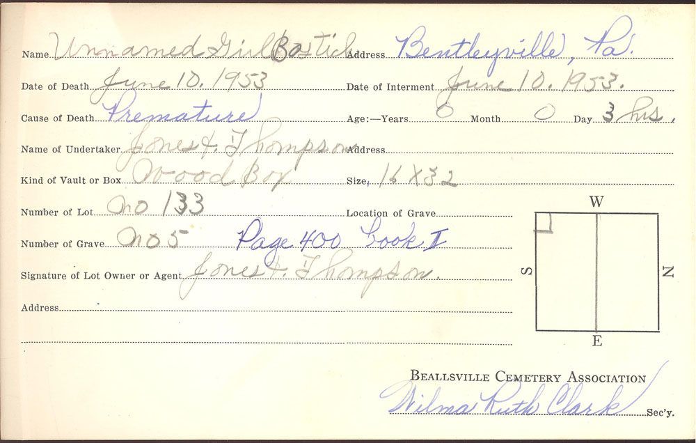 Unnamed Girl Bostich burial card